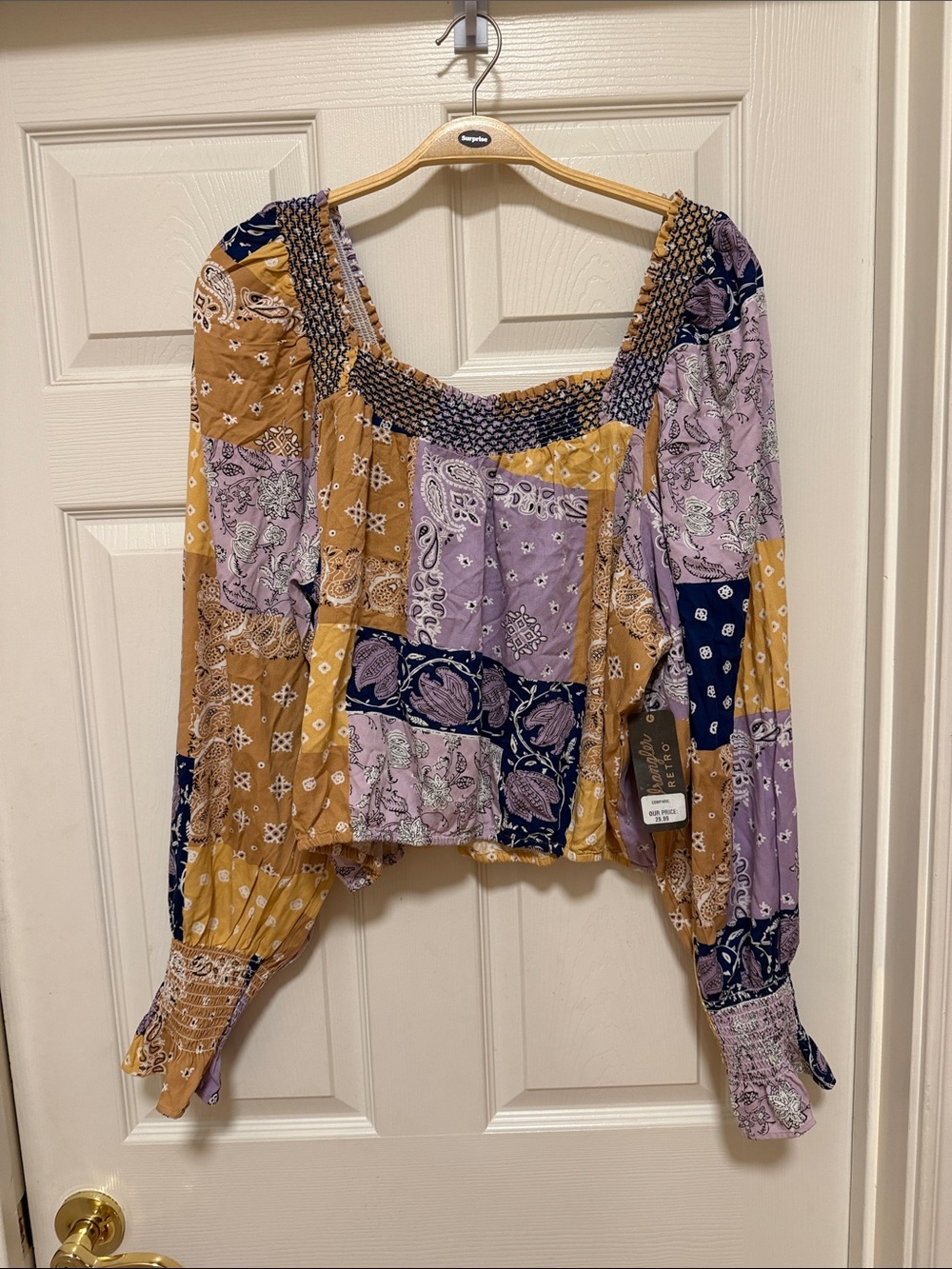Patchwork Smocked Square-Neck Blouse in Lavender & Mustard